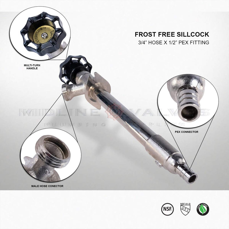 Midline Valve 8428P Sillcock Pipe Chrome Plated Brass Body Frost 1/2 inch PEX Connection and 3/4 inch Hose Bib Lead Free, 6 6 in. - NewNest Australia