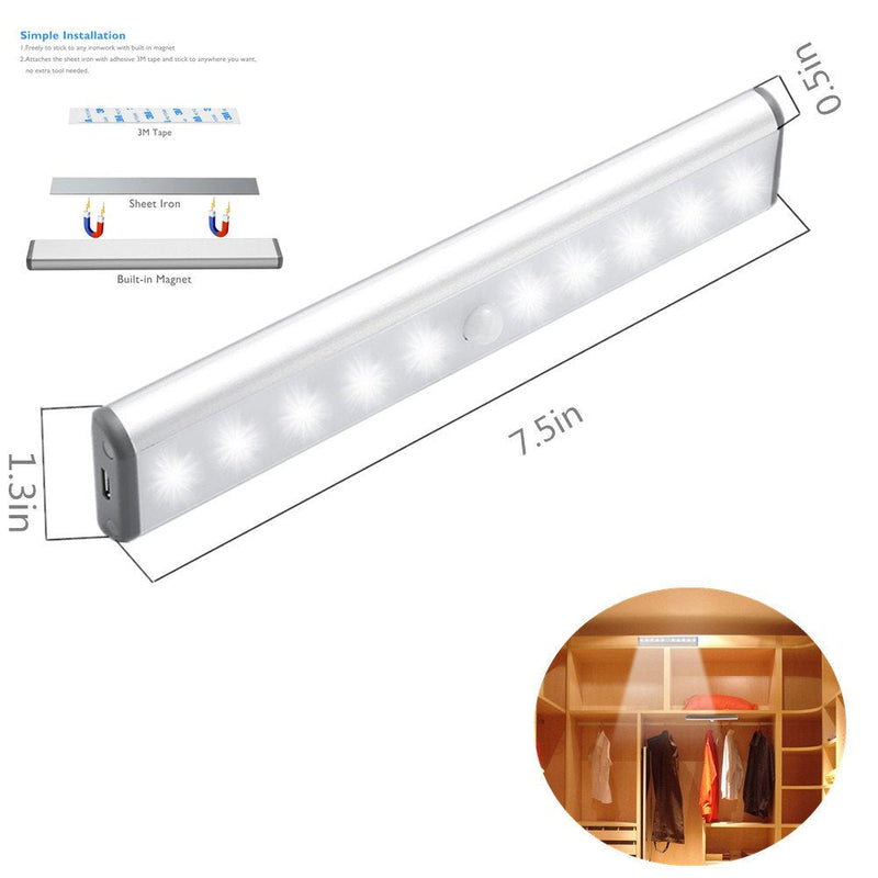 Stick-on Anywhere Portable Little Light Wireless LED Under Cabinet Lights 10-LED Motion Sensor Activated Night Light Build in Rechargeable Battery Magnetic Tap Lights for Closet, Cabinet RXWLKJ - NewNest Australia