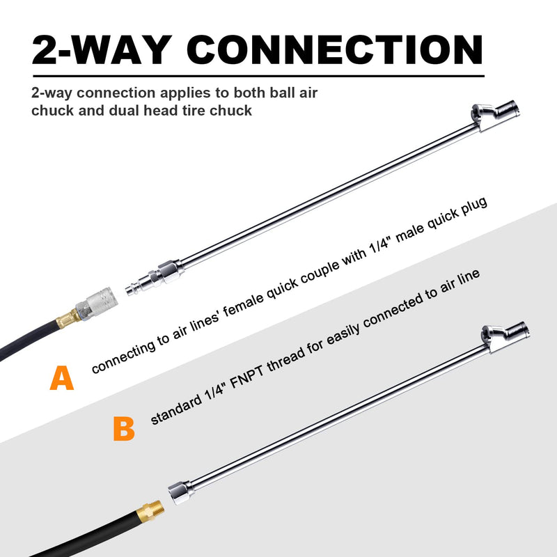 LUMITECO 2-Way Connection 13.8" Extended Air Chuck Set, 1/4 in FNPT Straight Foot Dual Head Tire Inflate Chuck with Standard Quick Plug, Tire Air Compressor Fill Kit for Truck RV Dually Tires - NewNest Australia