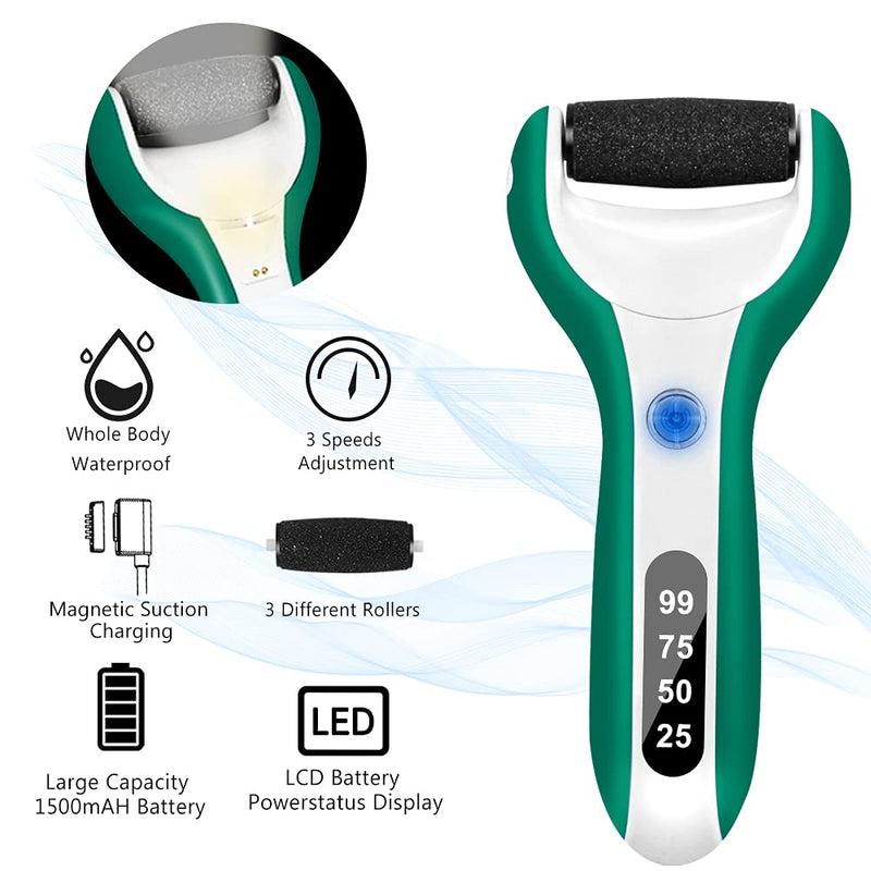 BOMPOW Electric Hard Skin Remover Foot File IPX7 Waterproof Foot Scrubber with 3 Rollers LED Light (Green) Green - NewNest Australia