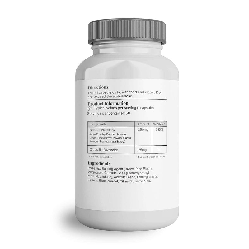 Hey Nutrition Natural Vitamin C 250mg Complex from Rosehip, Acerola, Blackcurrant, Gauva & Pomegranate - Immune Function, Stress, Metabolic Health, & Fatigue - 60 Capsules, Non GMO, Vegan - NewNest Australia