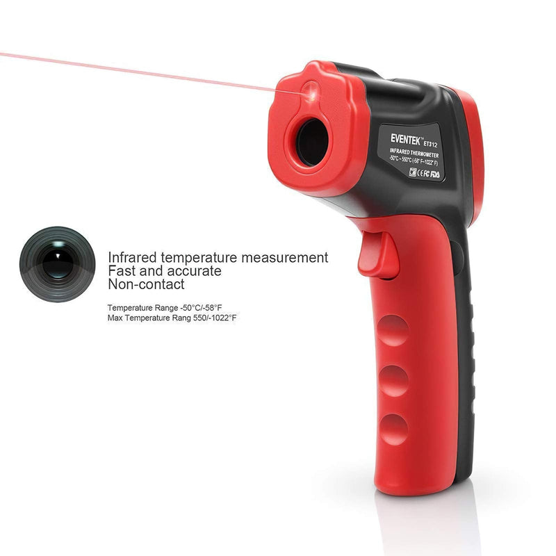 Eventek Infrared Thermometer, -50°C~550°C (-58°F~1022°F) IR Laser Thermometer, Non-Contact Digital Temperature Gun for Kitchen Cooking,BBQ,Chocolate,Pizza,Industrial Red/Black【Non-Body use】 ET312,-50°C~550°C (-58°F~1022°F) - NewNest Australia