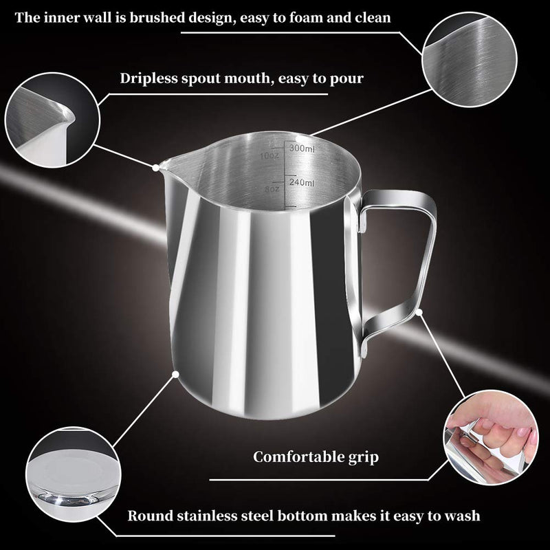 Newness Milk Jug, 300 ML (1.25 Cups) Milk Frothing Pitcher with Scale (Cup, ML, OZ), 304 Stainless Steel Milk Pitcher Cup Barista Coffee Latte Jug, Foam Making for Coffee Matcha Chai Cappuccino Latte - NewNest Australia