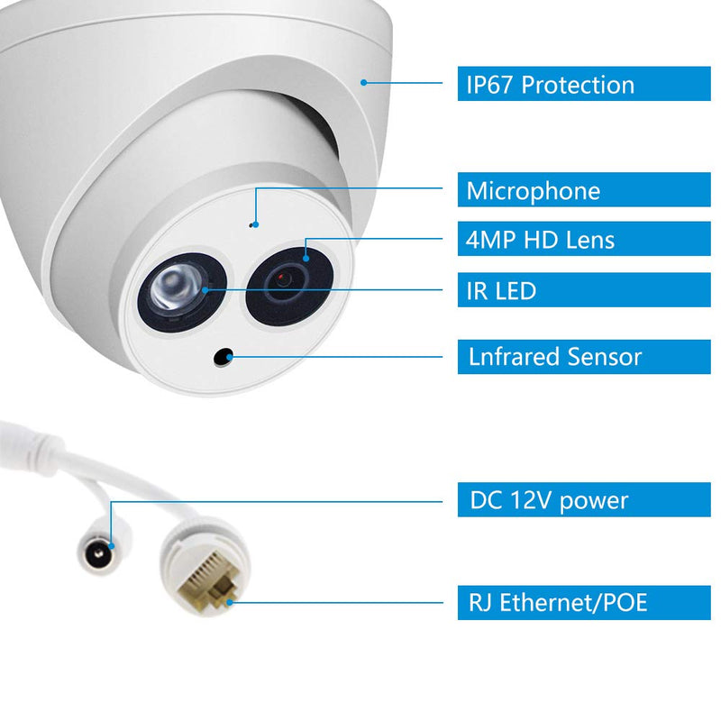 4MP HD Security POE IP Camera, OEM IPC-HDW4433C-A 2.8mm Lens, Home&Outdoor Network Surveillance Eyeball Dome Camera with Built-in MIC, 165ft Smart IR Night Vision，H.265+，WDR IP67 - NewNest Australia