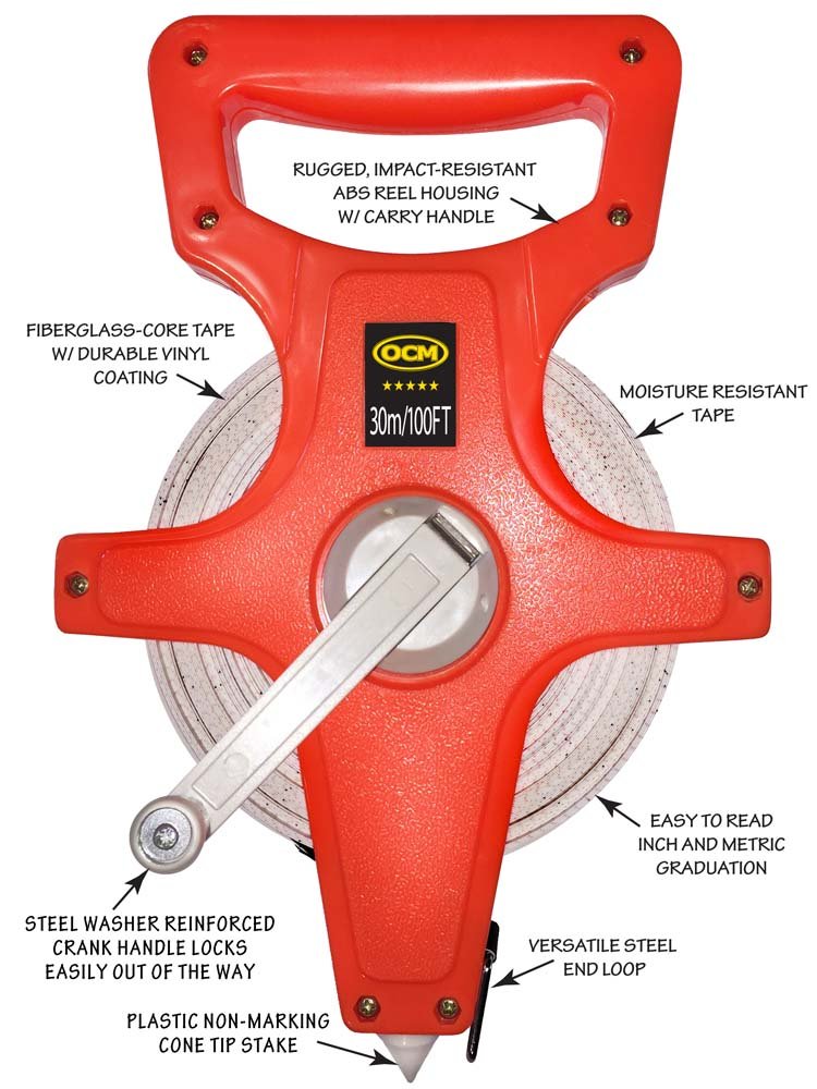 OCM Open Reel Fiberglass Tape Measure Inch Metric Scale, Impact Resistant ABS -100 Feet, 30 Meter - NewNest Australia