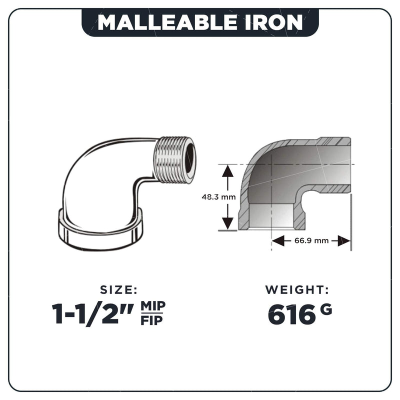 SUPPLY GIANT CNTO0112 1-1/2'' 90 Degree Street Malleable Iron Fitting For High Pressures with Black Finish, 1-1/2" - NewNest Australia