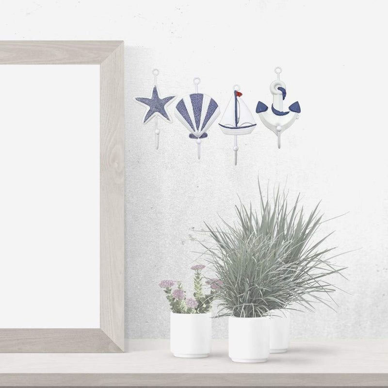 NewNest Australia - Beach Decorations - Nautical Themed Wall Hook Set of 4 -Starfish, Shell, Anchor and Sail Boat Design- Hangers for Towels, Robes, Aprons Hats - Ocean Wall Art 