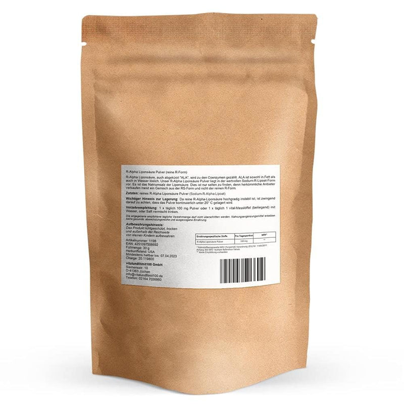 PURE R-Alpha lipoic acid 30 g - R ALA highly bioavailable and vegan - pure R form! - GMO-free - No auxiliary substances or additives - NewNest Australia