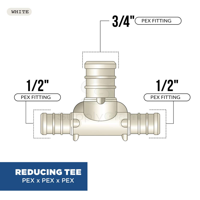 Supply Giant QQSU1213-5 Plastic PEX Poly Alloy Reducing Tee Barb Pipe Fitting, 1/2'' x 1/2'' x 3/4'', White, 5 Pack 1/2'' x 1/2'' x 3/4'' - NewNest Australia