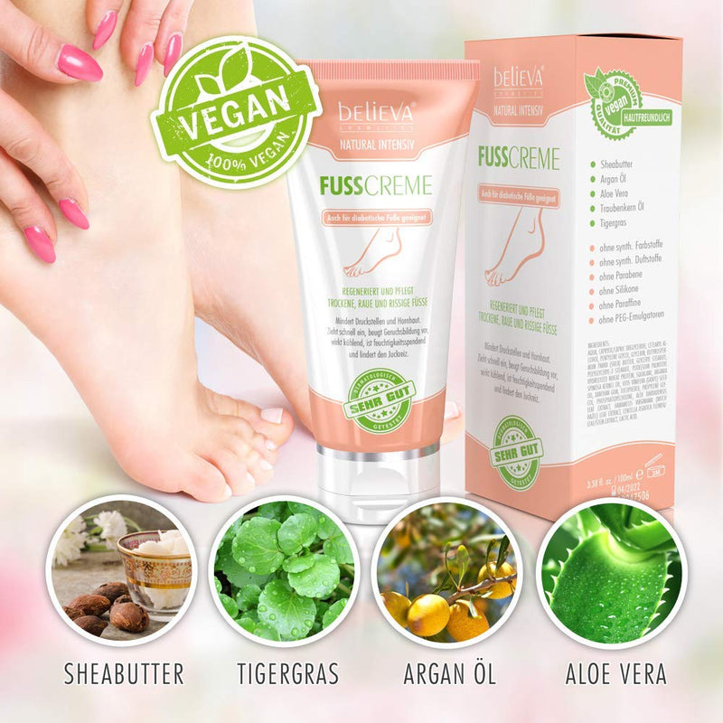 Believa Natural - Vegan foot cream for dry, rough and cracked feet - basic care for calluses and cracks - 100ml 100 ml (pack of 1) - NewNest Australia