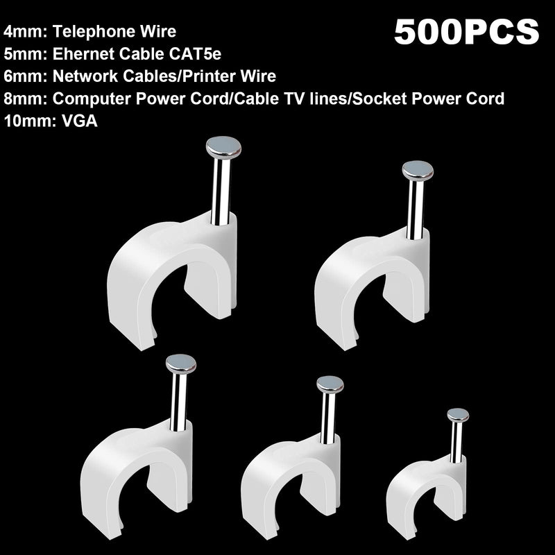 500pcs Cable Clips with Steel Nail in Cable Clips White 4mm 5mm 6mm 8mm 10mm for RG6, RG59, CAT6, RJ45 Cable Coax Cable, Ethernet Cable, TV Wire Cable, Telephone Cable, Led Starlight, Print Cable - NewNest Australia