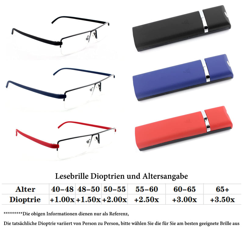 MMOWW Pack of 3 Reading Glasses for Men and Women Portable Ultralight TR90 Reading Aid Half Rim Metal Glasses with Glasses Case (Black+Blue+Red, 2.0) Black+Red+Blue 2.0 x - NewNest Australia