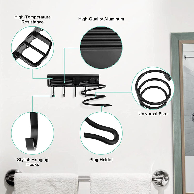 YUET Hair Dryer Holder Hairdryer Station Wall Mounted Spiral Shelf Rack Stand Hanger Straightener Organizer Storage Blow Bathroom with Three Hooks Professional Aluminum Silver (Black) Black - NewNest Australia
