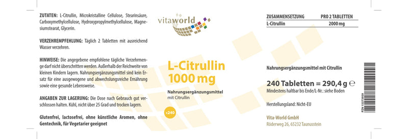 vitaworld Citrulline 1000 mg L-Citrulline Vegetarian High Dose, 1000 mg per tablet, 240 tablets - NewNest Australia