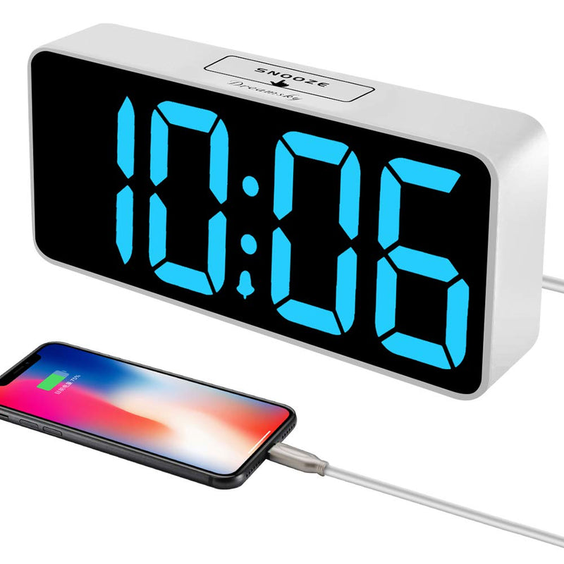 NewNest Australia - DreamSky 8.9 Inches Large Digital Alarm Clock with USB Charging Port, Fully Adjustable Dimmer, Battery Backup, 12/24Hr, Snooze, Adjustable Alarm Volume, Bedroom Desk Alarm Clocks White Case + Blue Digit 