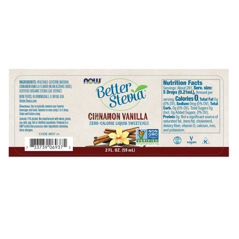 NOW Foods, Better Stevia, Liquid Zero-Calorie Sweetener, Cinnamon Vanilla Flavor, Certified Non-GMO, 2 Fl Oz - NewNest Australia