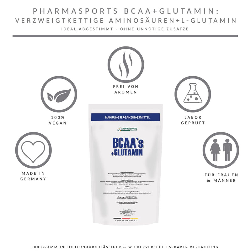 BCAA/L-Glutamine 500g powder 50/50 mixture 100 percent pure, amino acids premium quality | Purely plant-based without artificial flavors | Made in Germany | - NewNest Australia