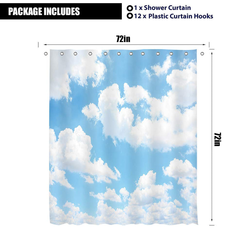 LIGHTINHOME Blue Sky White Cloud Shower Curtain Natural Landscape Scenery Waterproof Fabric 72x72 Inch Polyester Bathroom Bathtub Decoration 12 Pack Plastic Hooks - NewNest Australia