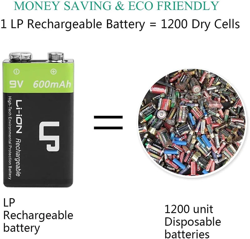 9V Rechargeable Battery Charger Pack，LP 2-Pack 9 Volt Lithium-ion/Ni-MH/Ni-CD Batteries & 2-Bay Battery Charger for Alarms, Wireless Microphones, (2-Pack 9V Batteries with Charger) 2-Pack 9V Batteries with Charger - NewNest Australia