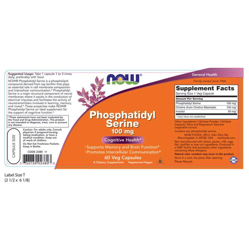 NOW Supplements, Phosphatidyl Serine 100 mg with Phospholipid compound derived from Soy Lecithin, 60 Veg Capsules w/ Choline & Inositol 60 Count (Pack of 1) - NewNest Australia