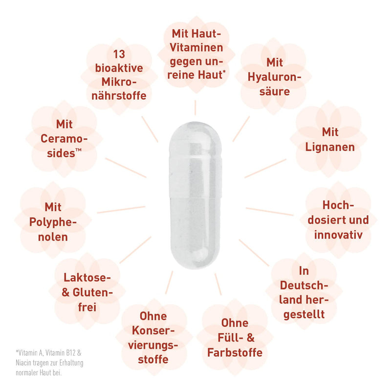 Madena Skin Vital, Skin Vitamins Against Blemished Skin, 60 Capsules High Dose With 13 Bioactive Micronutrients, Patented Ceramosides‚Ñ, Hyaluronic Acid, Pomegranate And Lignans - NewNest Australia