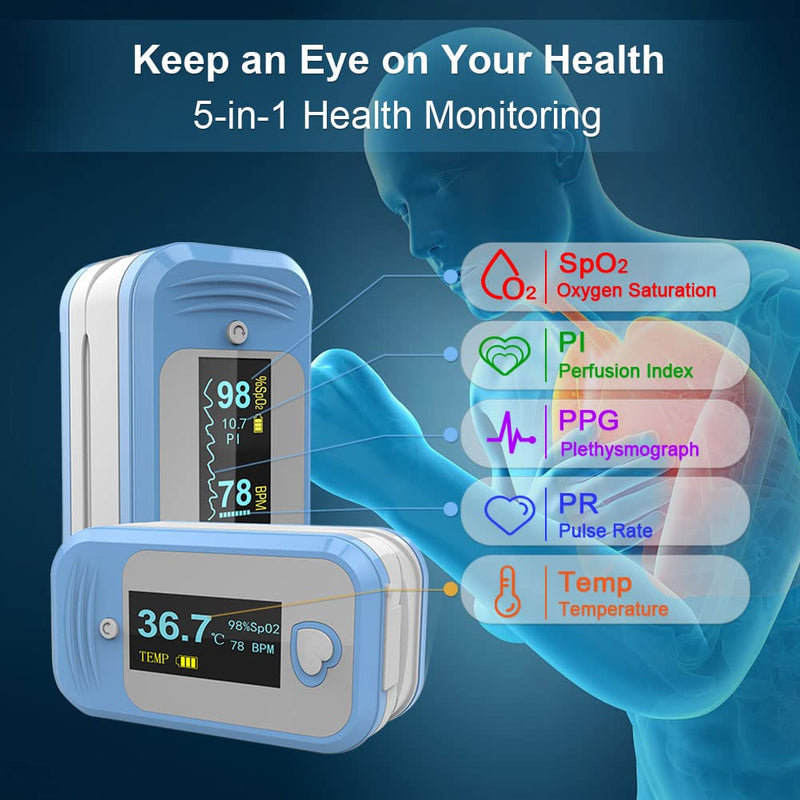 Blood Oxygen Saturation Monitor, MED LINKET AM801 Oxygen Level Meter Finger Pulse Oximeter 5-in-1 O2 Sat Monitor Checks SpO2, Body Temperature, Pulse Rate, Perfusion Index, PPG, with Auditory Alarm - NewNest Australia