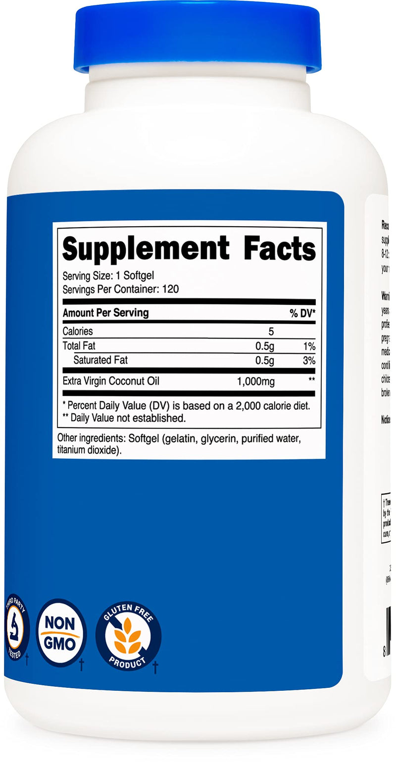 Nutricost Coconut Oil Softgels (1000mg) 120 Softgels - Extra Virgin Coconut Oil - Gluten Free and Non-GMO - NewNest Australia