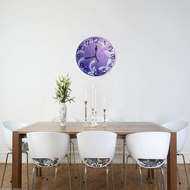 NewNest Australia - Round Wall Clock Purple Butterfly with Glowing Firework and Sparkle Star Silent Non Ticking Decorative Clocks Quartz Quiet Desk Clock for Home 