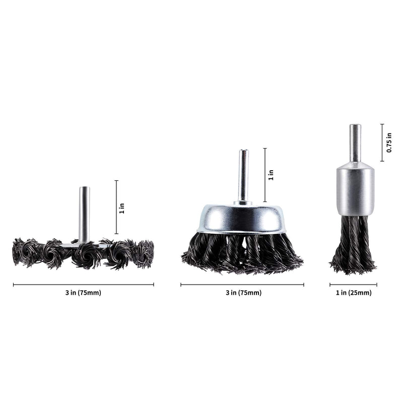 TILAX 3'' Wire Wheel Cup Brush End Brush Set 3 Pcs, Wire Brush for Drill 1/4 Inch Arbor 0.019" Carbon Steel Knotted Wire Brush Drill Bit, Drill Wire Brush Attachment, Rust Removal - NewNest Australia