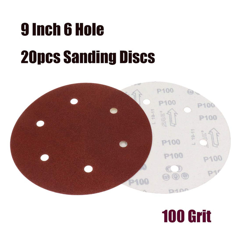 Sydien 20Pcs 9 Inch 6 Holes Sanding Discs 100Grit Dustless Hook and Loop Sandpaper for Random Orbital Sander (Red) 100 Grit - NewNest Australia