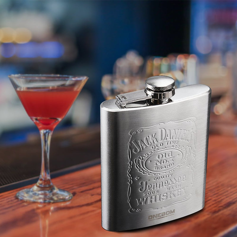 NewNest Australia - OneBom Hip Flask 7oz, Engraved Flask with Funnel & Shot Glass Set, FDA 304 Stainless Steel, Brushed Leak Proof, Portable Pocket Size with Gift Box for Wine Lover (Stainless Steel) 