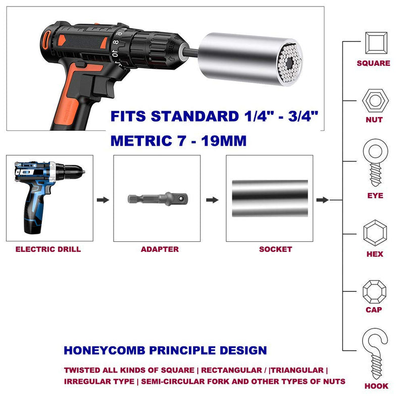 CIGOTU Universal Socket, 7mm-19mm Multifunctional Cordless Ratchet Adapter Socket Wrench Set, Impact Grade Driver Sockets Adapter Extension Set, Screwdriver Set Hex Bit + 105 Degree Right Angle Drill - NewNest Australia