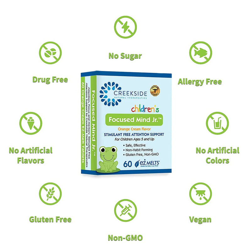 Creekside Naturals Focused Mind Jr., Focus and Memory Support for Children, Pediatrician Formulated, Stimulant Free Attention Support with Inositol, Zero Sugar, Vegan, Orange Cream Flavor, 60 EZ Melt Tablets - NewNest Australia