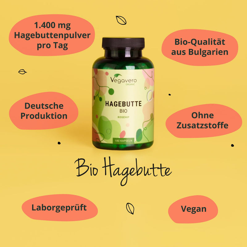 ORGANIC ROSEHIPS capsules high dosage | EU cultivation | 1400 mg rosehip powder ORGANIC | Laboratory tested | Vegan - without additives | German production of Vegavero® | 180 capsules - NewNest Australia