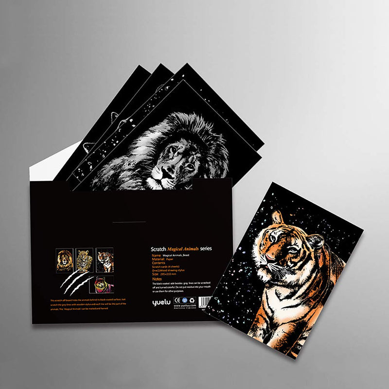 Scratch Art Paper(A4) for Kids & Adults, Rainbow Painting Night View Scratchboard, Art Craft, Crafts Set: 8 Sheets Scratch - Unicorn/Flamingo/Cat/Deer/Tiger/Leopard/Lion/Wolf & 6 Tools (Animal World) Animal World - NewNest Australia