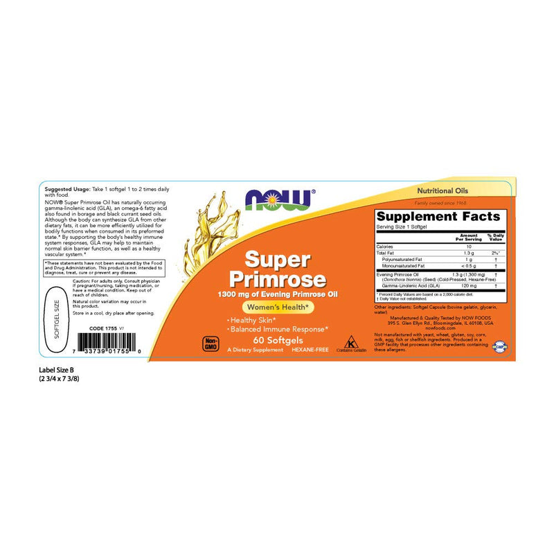 NOW Supplements, Super Primrose 1300 mg with Naturally Occurring GLA (Gamma-Linolenic Acid), 60 Softgels - NewNest Australia