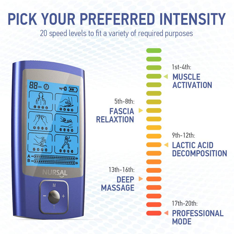 NURSAL 24 Modes Dual Channel TENS EMS Unit Muscle Stimulator for Pain Relief Therapy, Rechargeable TENS Machine Pulse Massager with 12 Pcs Electrode Pads/Continuous Stable Mode/Memory Function - NewNest Australia