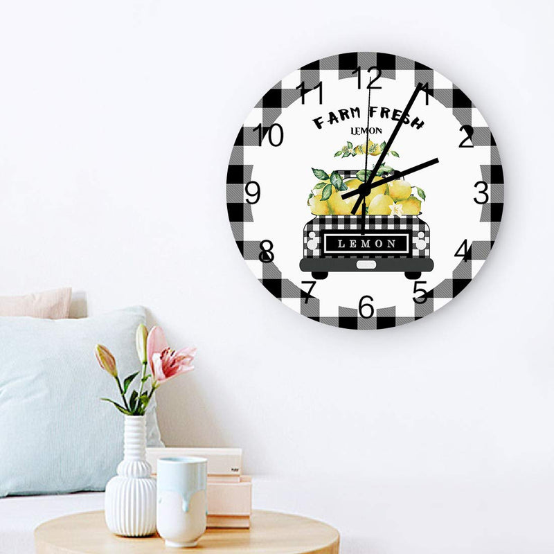 NewNest Australia - Wooden Round Wall Clock 12'' Silent Battery Operated Non Ticking Clock, Black Grey Buffalo Plaid Farm Truck Carry Fresh Lemons Noiseless Office Kitchen Bedroom Wall Clock Home Decor 