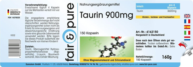 Fair & Pure® - Taurine 900mg - high dose - vegan - 150 taurine capsules - NewNest Australia
