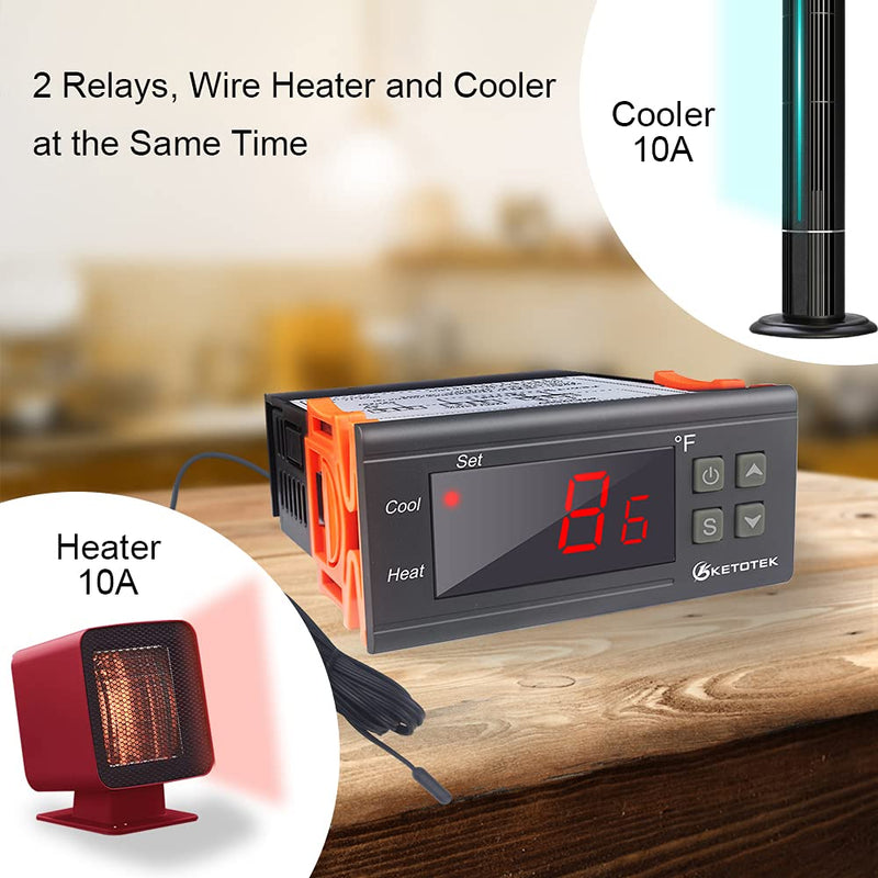 KETOTEK Digital Temperature Controller AC110V 10A Fahrenheit Thermostat with 2m Waterproof Sensor Heater Freezer Temp Controller Dual Relay Incubator Aquarium STC1000 - NewNest Australia