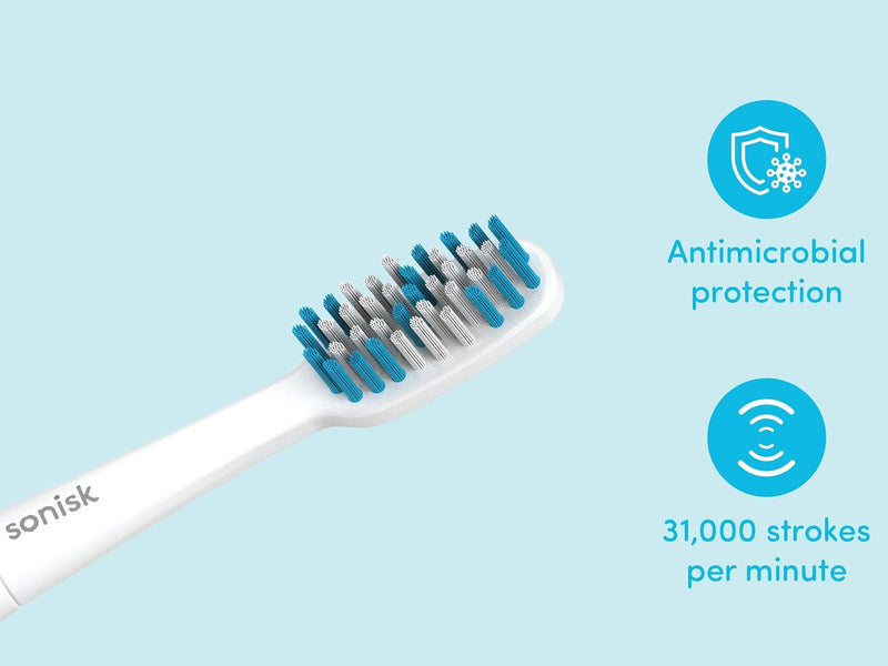 Sonisk Pulse | Battery Powered Electric Toothbrush | Sonic Technology | 1x Battery, 2X Brush Heads, 1x Travel Case Included | 31,000 Strokes Per Minute | Antimicrobial | Portable Size | Pure White - NewNest Australia