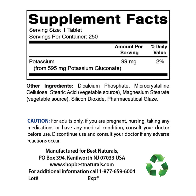 Best Naturals Potassium Gluconate Supplement 595 Mg Tablet, 250Count 250 Count (Pack of 1) - NewNest Australia