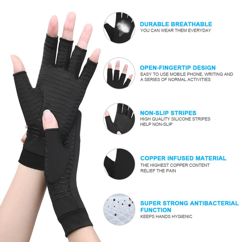 ACWOO Arthritis Gloves, Copper Compression Gloves Therapy for Arthritis Pain Relief, Fingerless Design Copper Infused Gloves for Women and Men, Provide Support for Hands and Finger Joint, Black(L) L - NewNest Australia