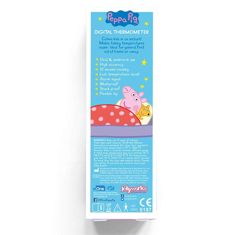 Peppa Pig Digital Thermometer | Oral, Underarm use| Large LCD | 10 Second Reading | Fever Alarm | Flexible Tip | Last Temperature Recall | CE Certified | Calms Kids | Made by Jellyworks Peppa Pig - NewNest Australia