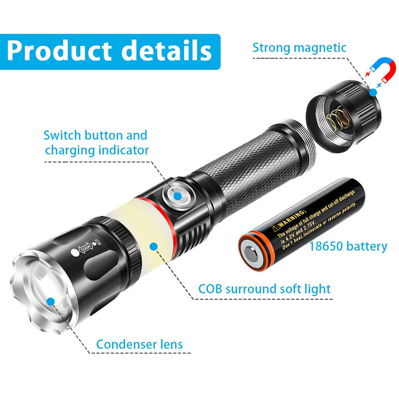 Rechargeable Flashlight, Magnetic Flashlight with 360 ° COB Work Light, Water Resistant, Zoomable, 4Modes, iToncs Portable Ultra Brightest LED Flashlights for Emergency Hiking Repairing (2 Pack) 2packs - NewNest Australia