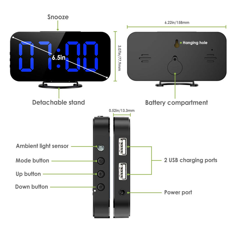 NewNest Australia - KeeKit Digital LED Alarm Clock, Large 6.5" Mirror Surface Alarm Clock with Dual USB Charging Ports, Snooze Function, Auto/Manual Adjustable Brightness, 12/24H Display for Home, Bedroom, Office - Blue Blue - Hot 