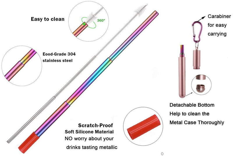 RZJZGZ 2 Pack Telescopic Reusable Straw, Collapsible Stainless Steel Straws, Portable Metal Drinking Straws with Aluminum Key-Ring Case & Cleaning Brush for Travel, Home, Work (Black and Rose Gold) Black and Rose Gold - NewNest Australia