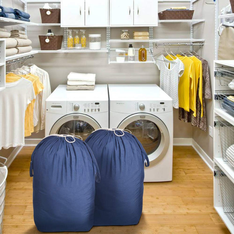 NewNest Australia - MCleanPin Washable Cotton Laundry Bags with Handles,Dirty Clothes Storage for College Dorm or Travel, Laundry Liner Fit Laundry Hamper or Basket,2 Pack,Brown (Navy Blue) Navy Blue 