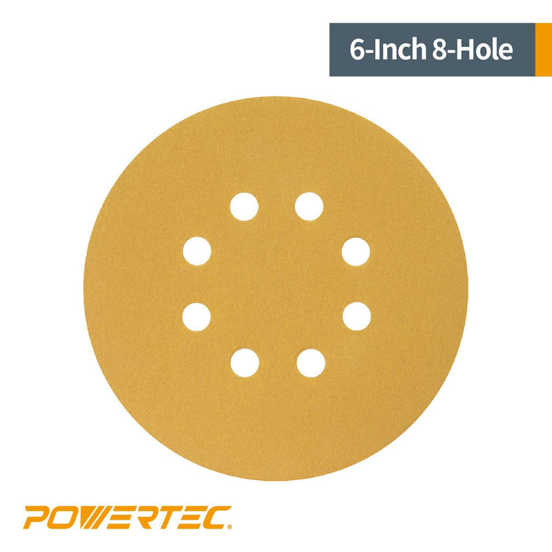 POWERTEC 44215G-50 Gold 6” Hook and Loop Sanding Disc | 8 Hole | 150 Grit – 50 Pack - NewNest Australia