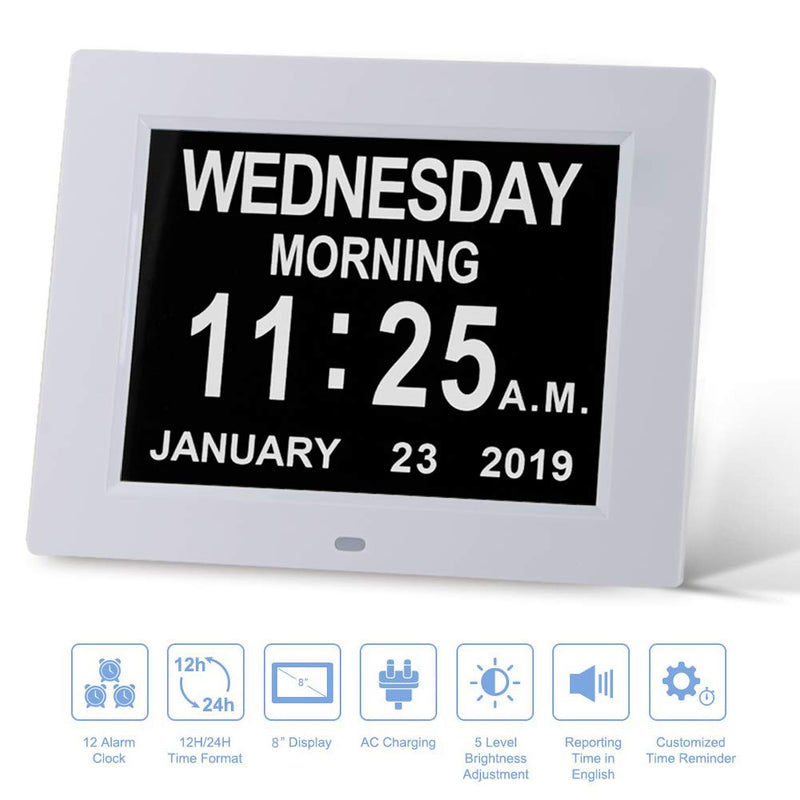 NewNest Australia - [Newest Version] Large Display Digital Calendar Day Clock – 12 Alarm Options, Level 5 Auto Dimmable Display, Extra Large Non-Abbreviated Day and Month Perfect for Seniors White 